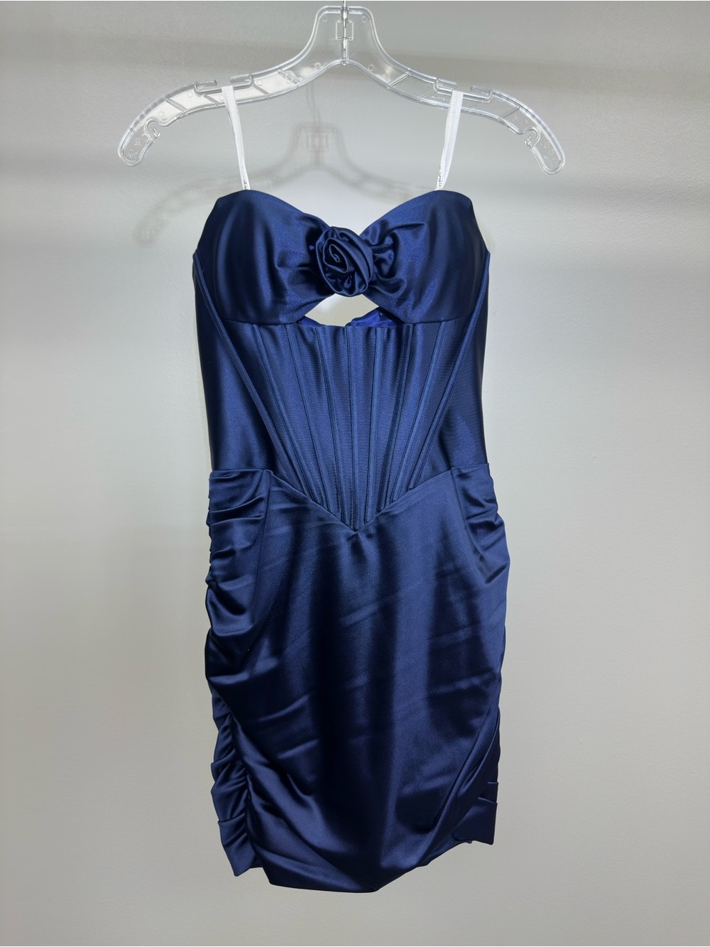Navy Satin Rose-Accent Strapless Dress